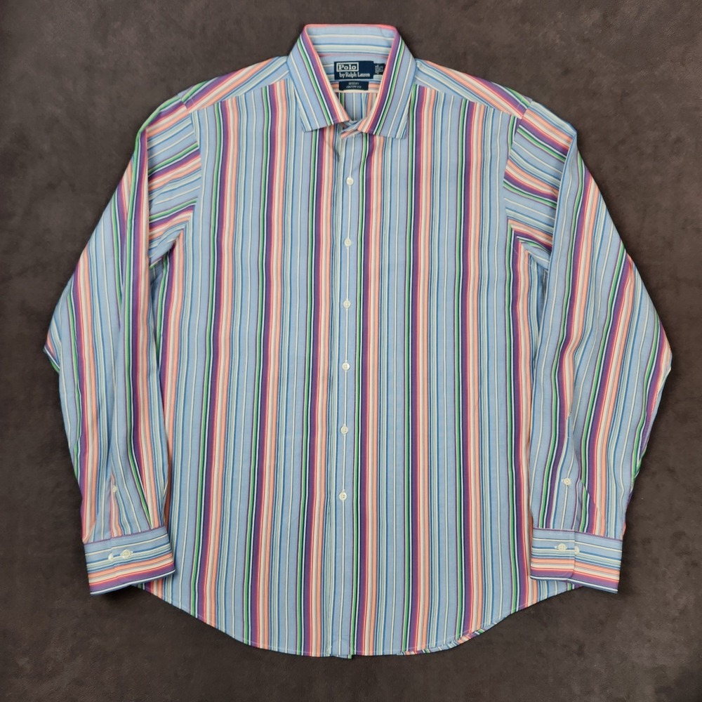Polo Ralph Lauren Dress Shirt Mens 17.5 36 Blue Striped Regent Custom Fit Button